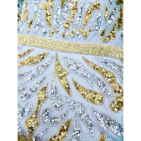 NEW! Mac Duggal Platinum Silver Gold Paisley Beaded Long Sleeve Gown SZ 6 - Picture 9 of 11